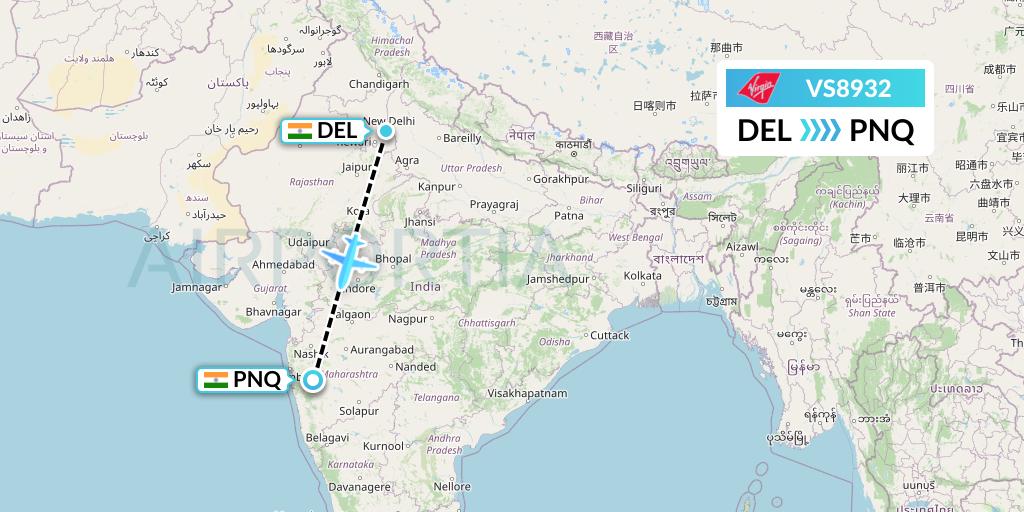 VS8932 Virgin Atlantic Airways Flight Map: Delhi to Pune