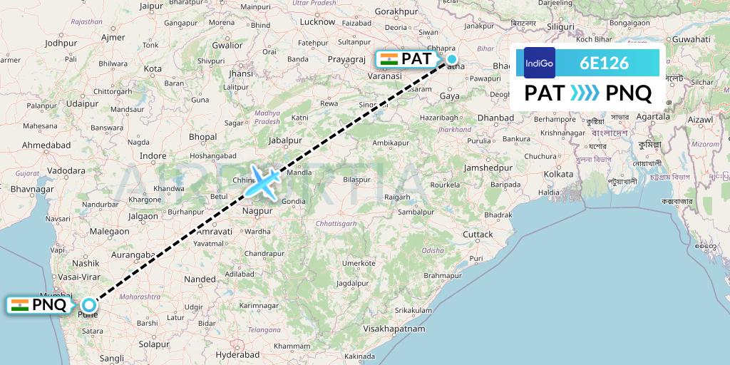 6E126 IndiGo Airlines Flight Map: Patna to Pune