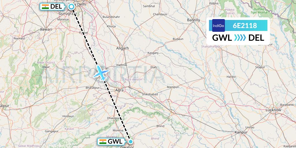 6E2118 IndiGo Airlines Flight Map: Gwalior to Delhi