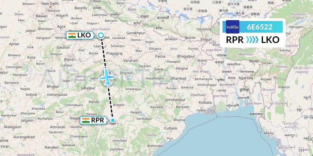 6E6522 IndiGo Airlines Flight Map: Raipur to Lucknow