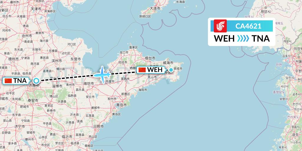CA4621 Air China Flight Map: Weihai to Jinan