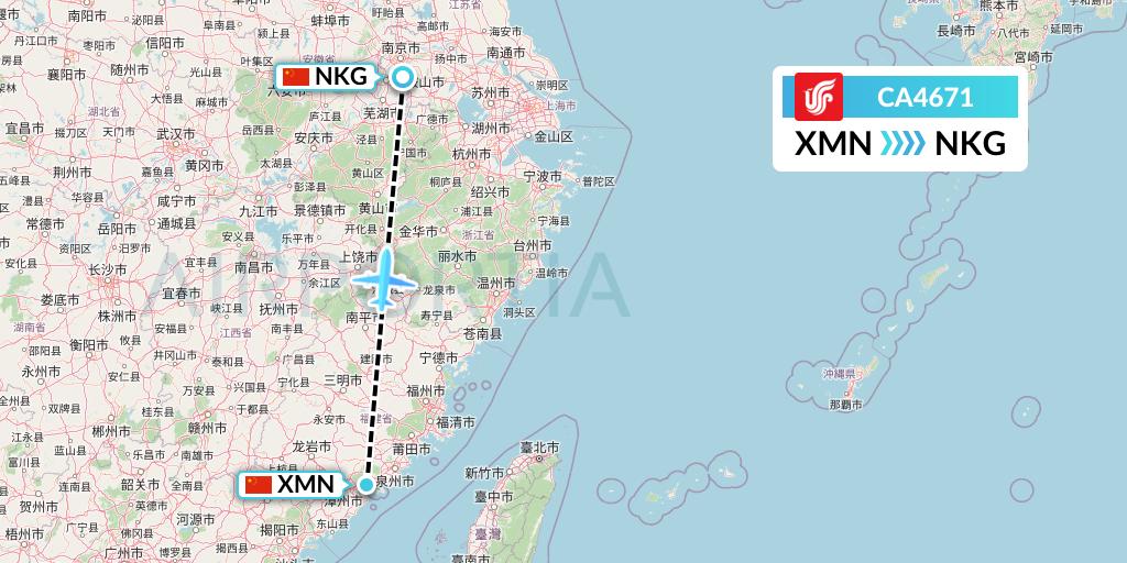 CA4671 Air China Flight Map: Xiamen to Nanjing