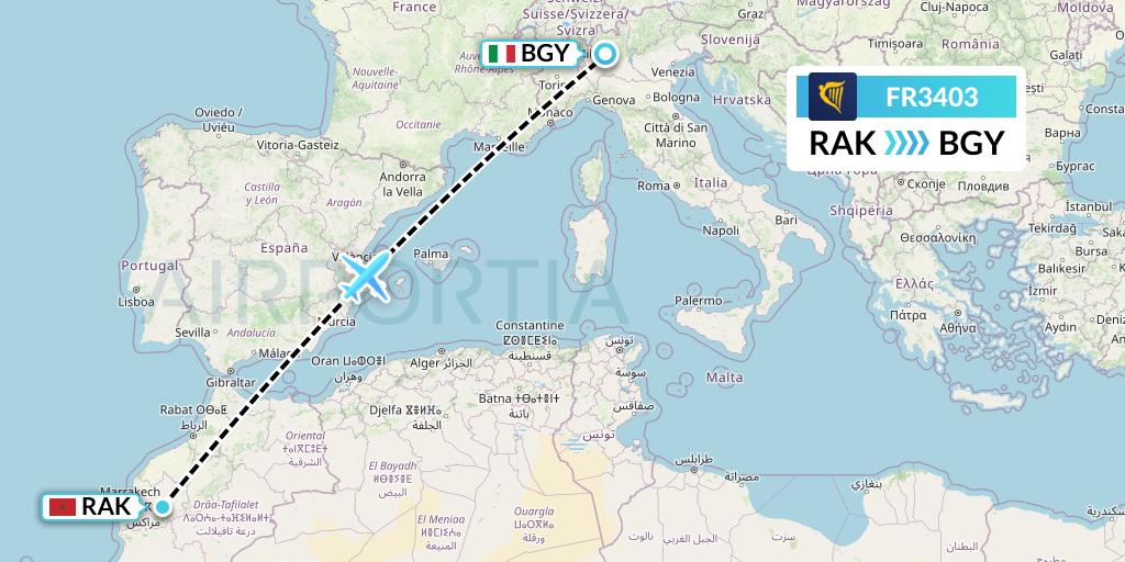 FR3403 Ryanair Flight Map: Marrakesh to Milan