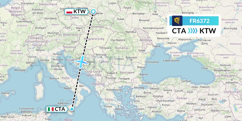 FR6372 Ryanair Flight Map: Catania to Katowice