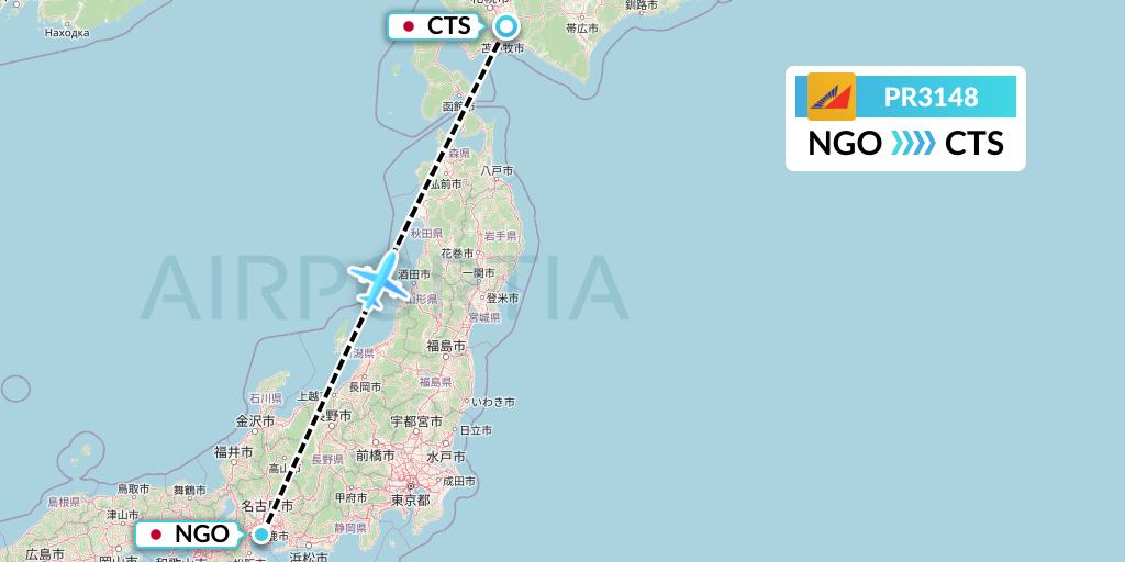 PR3148 Philippine Airlines Flight Map: Nagoya to Sapporo