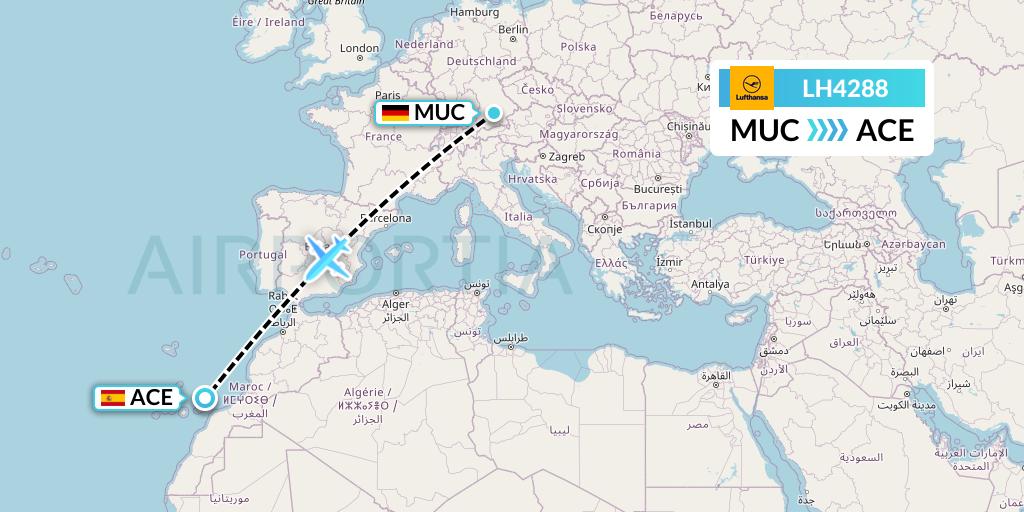 LH4288 Lufthansa Flight Map: Munich to Lanzarote