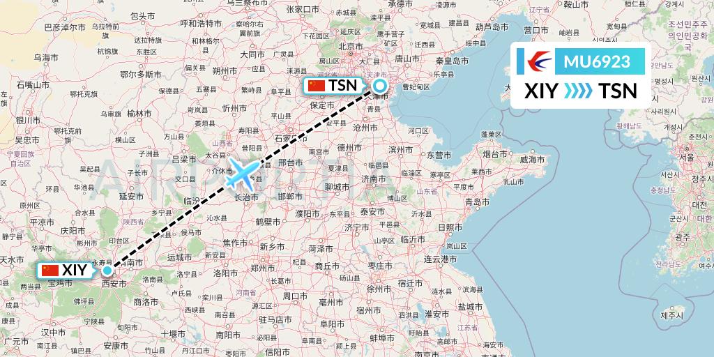 MU6923 China Eastern Airlines Flight Map: Xi'an to Tianjin