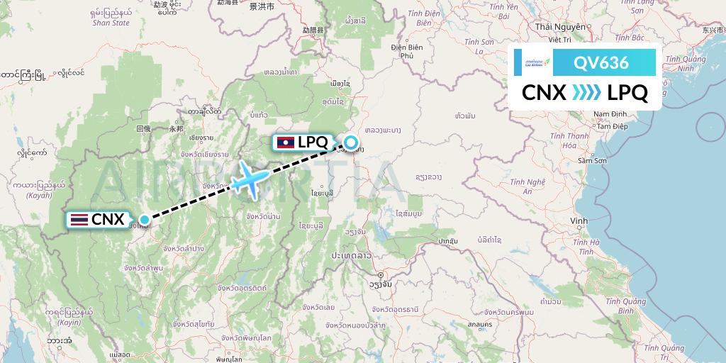 QV636 Lao Airlines Flight Map: Chiang Mai to Luang Prabang