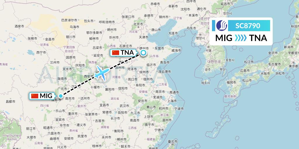 SC8790 Shandong Airlines Flight Map: Mianyang to Jinan