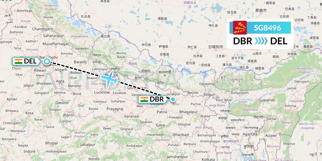 SG8496 SpiceJet Flight Map: Darbhanga to Delhi