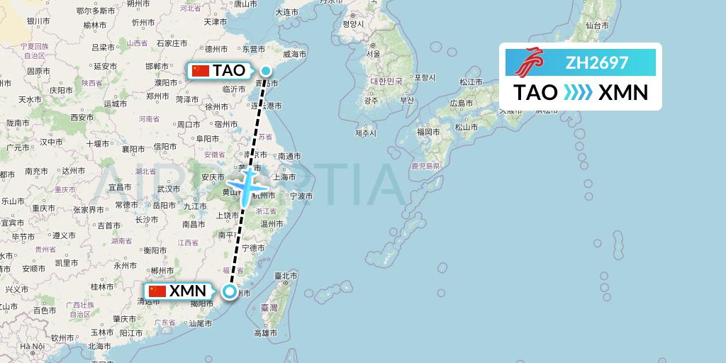 ZH2697 Shenzhen Airlines Flight Map: Qingdao to Xiamen