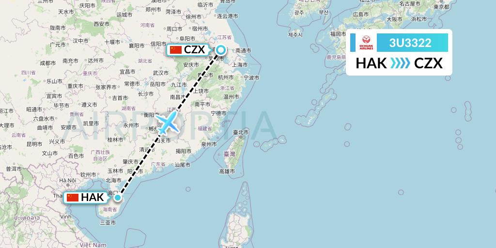 3U3322 Sichuan Airlines Flight Map: Haikou to Changzhou