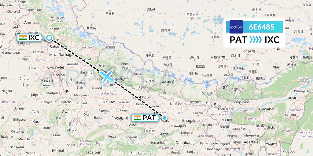 6E6485 IndiGo Airlines Flight Map: Patna to Chandigarh