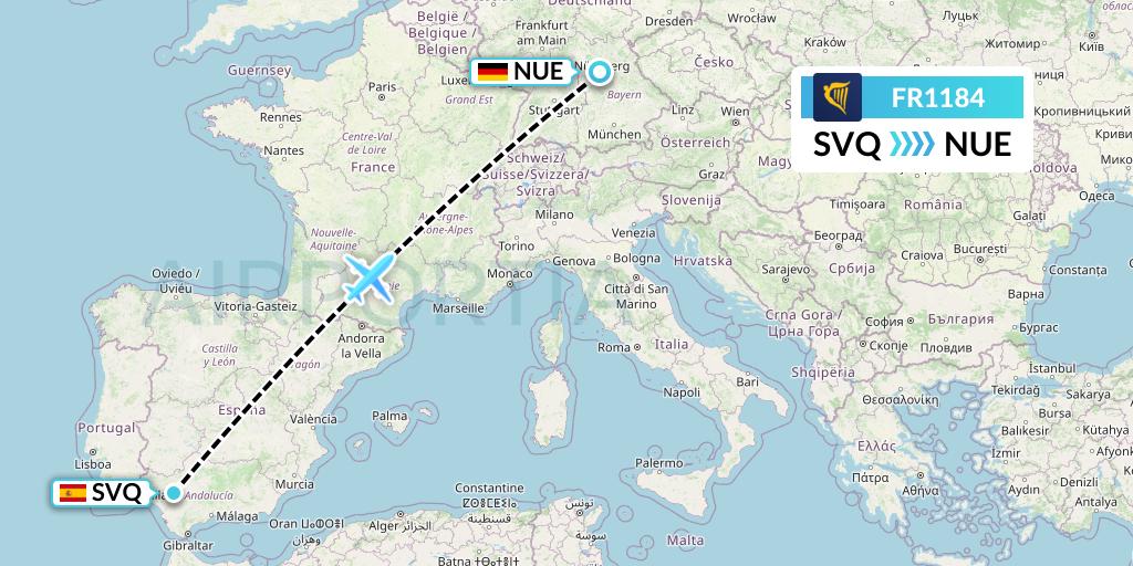 FR1184 Ryanair Flight Map: Seville to Nurnberg