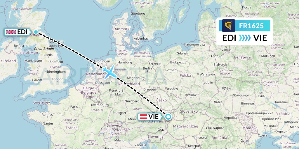 FR1625 Ryanair Flight Map: Edinburgh to Vienna