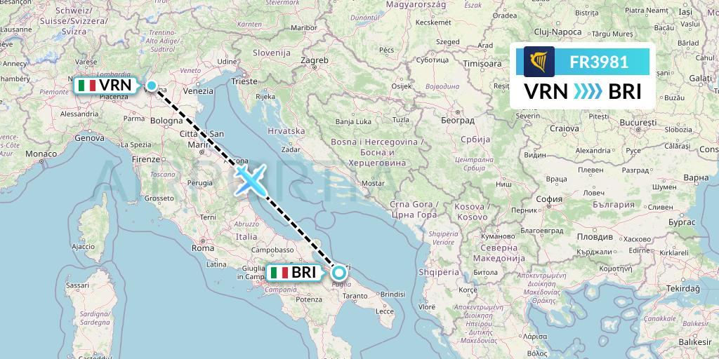 FR3981 Ryanair Flight Map: Verona to Bari