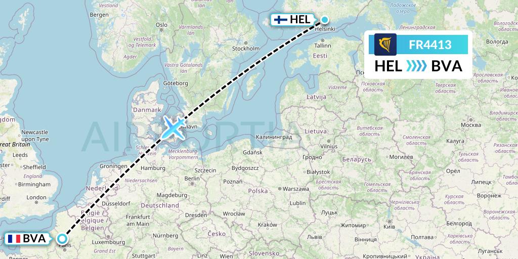 FR4413 Ryanair Flight Map: Helsinki to Paris