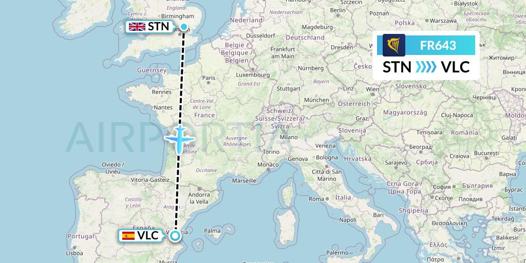 FR643 Ryanair Flight Map: London to Valencia
