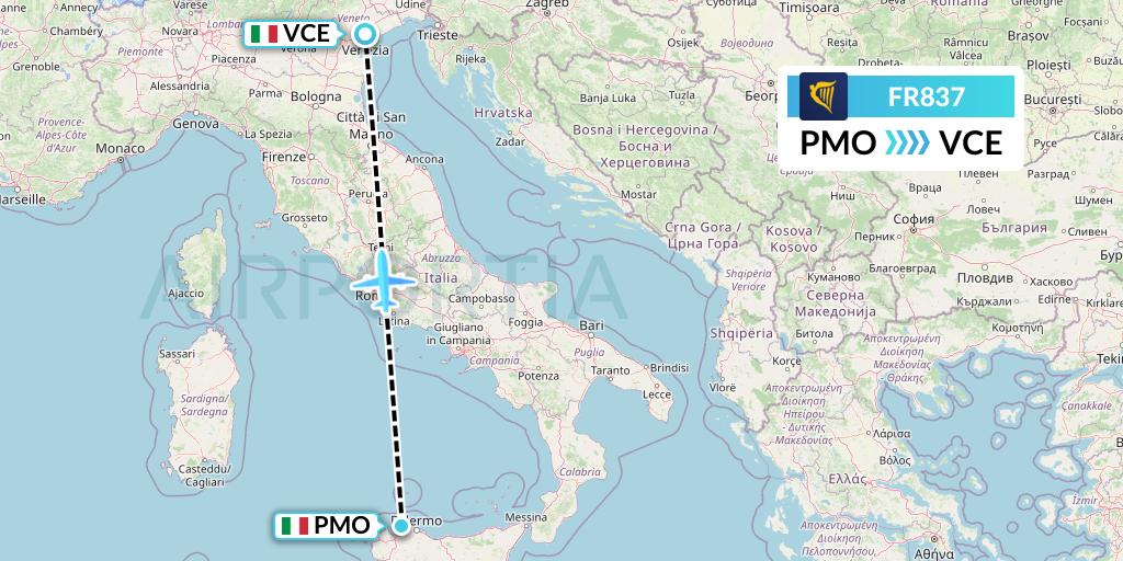 FR837 Ryanair Flight Map: Palermo to Venice