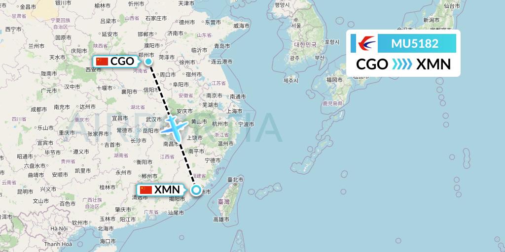 MU5182 China Eastern Airlines Flight Map: Zhengzhou to Xiamen
