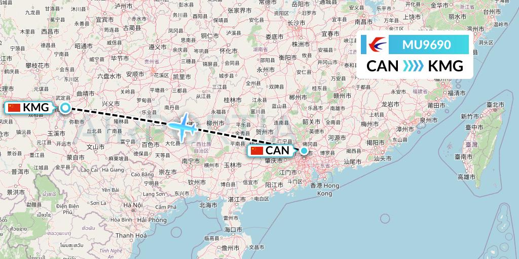 MU9690 China Eastern Airlines Flight Map: Guangzhou to Kunming