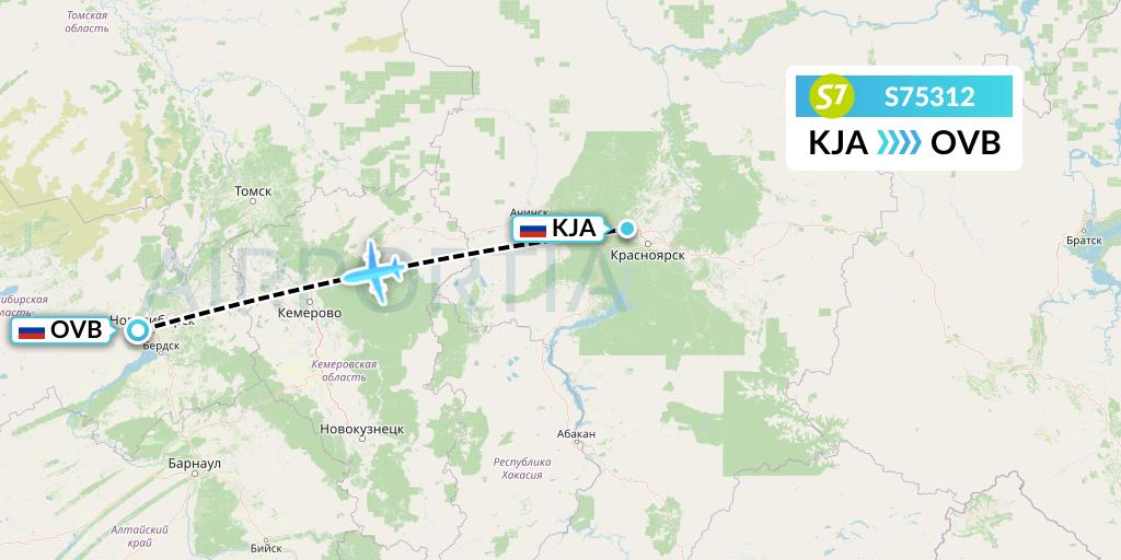 S75312 S7 Airlines Flight Map: Krasnoyarsk to Novosibirsk