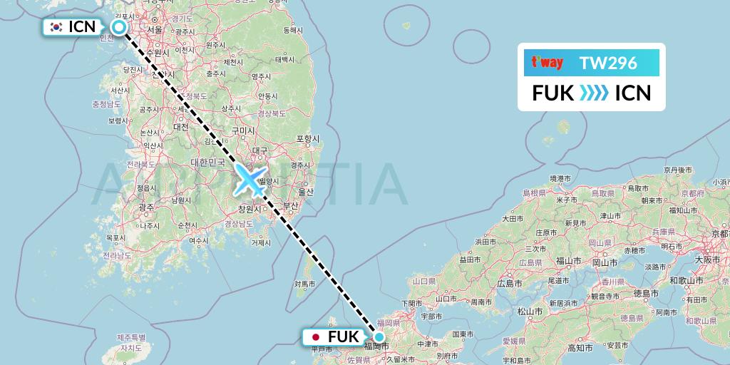 TW296 T'way Air Flight Map: Fukuoka to Seoul