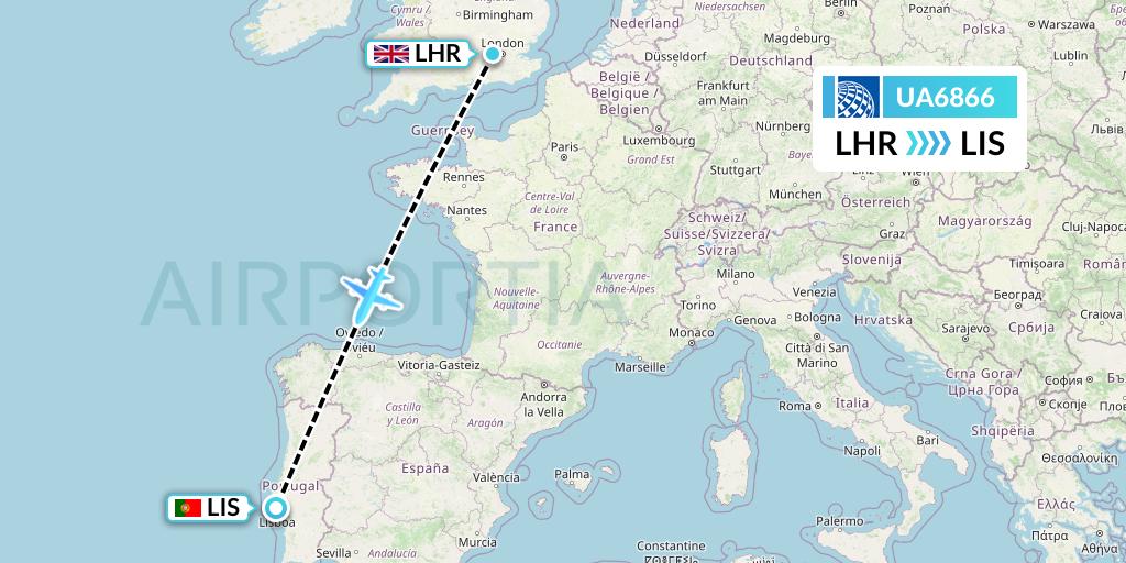 UA6866 United Airlines Flight Map: London to Lisbon