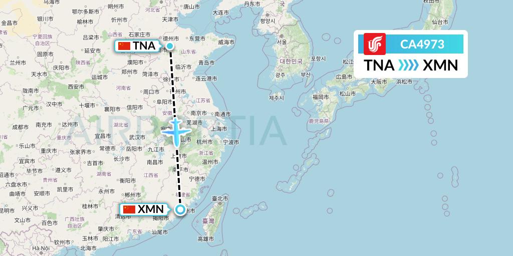 CA4973 Air China Flight Map: Jinan to Xiamen