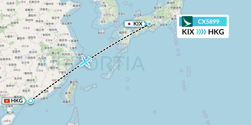 CX5899 Cathay Pacific Flight Map: Osaka to Hong Kong