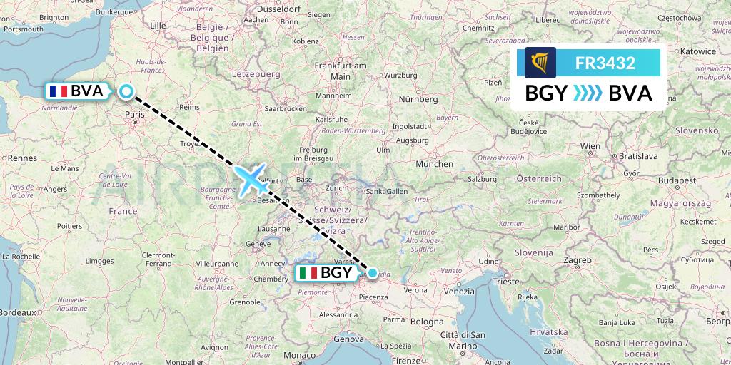 FR3432 Ryanair Flight Map: Milan to Paris
