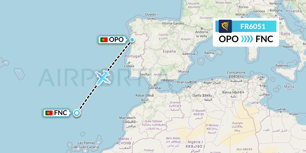 FR6051 Ryanair Flight Map: Porto to Funchal