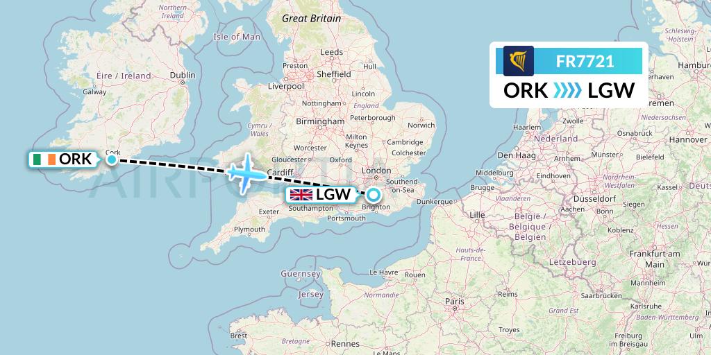 FR7721 Ryanair Flight Map: Cork to London