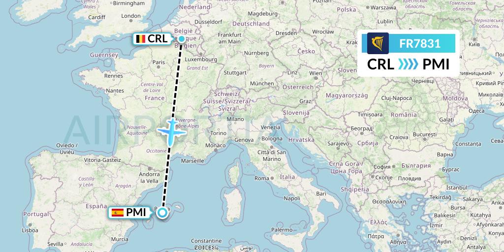 FR7831 Ryanair Flight Map: Brussels to Palma de Mallorca