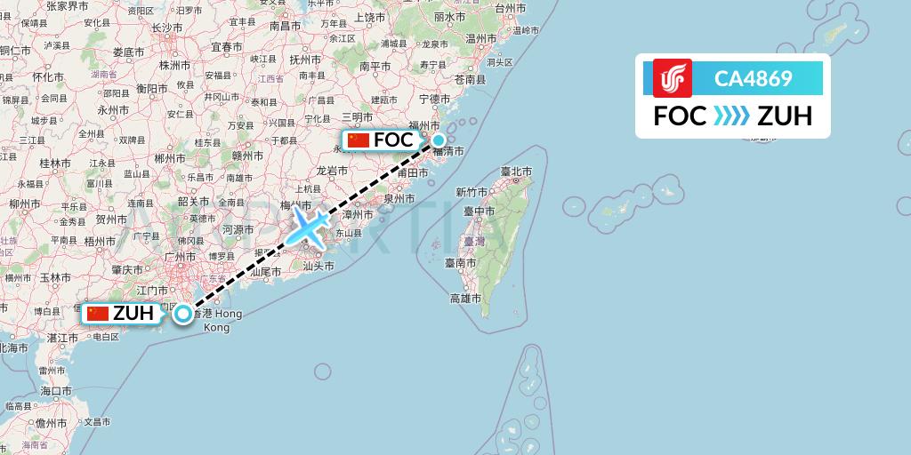 CA4869 Air China Flight Map: Fuzhou to Zhuhai