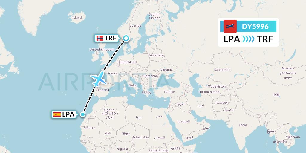 DY5996 Norwegian Flight Map: Las Palmas to Oslo
