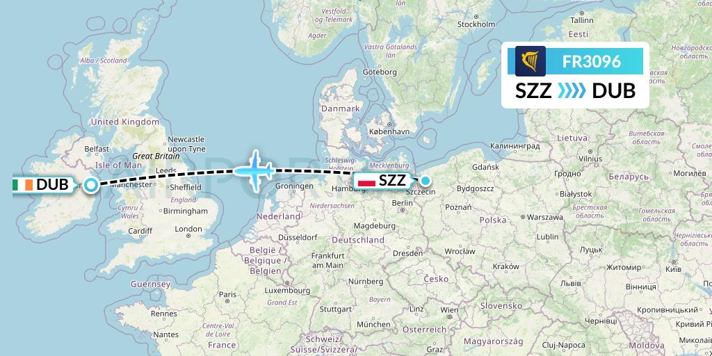 FR3096 Ryanair Flight Map: Szczecin to Dublin