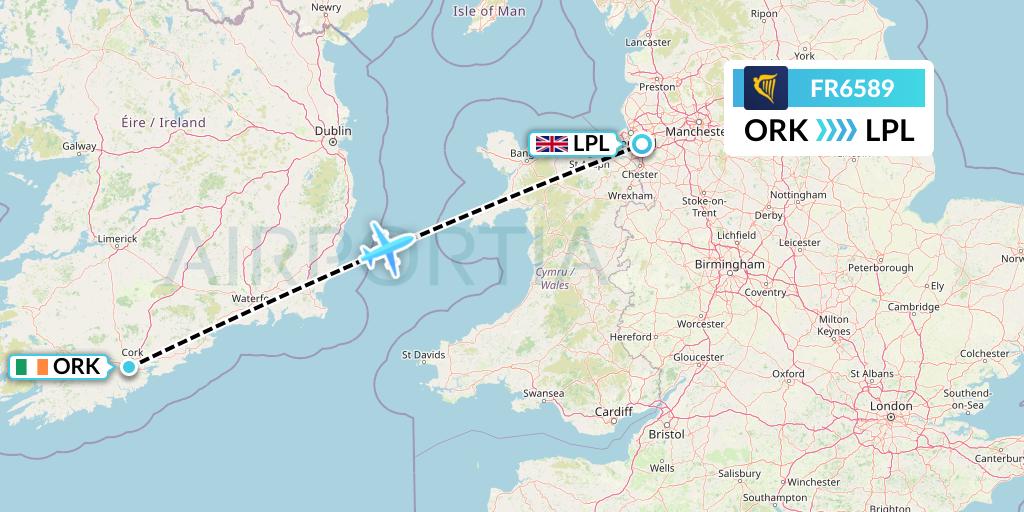 FR6589 Ryanair Flight Map: Cork to Liverpool
