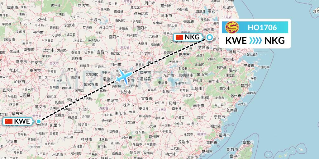 HO1706 Juneyao Airlines Flight Map: Guiyang to Nanjing