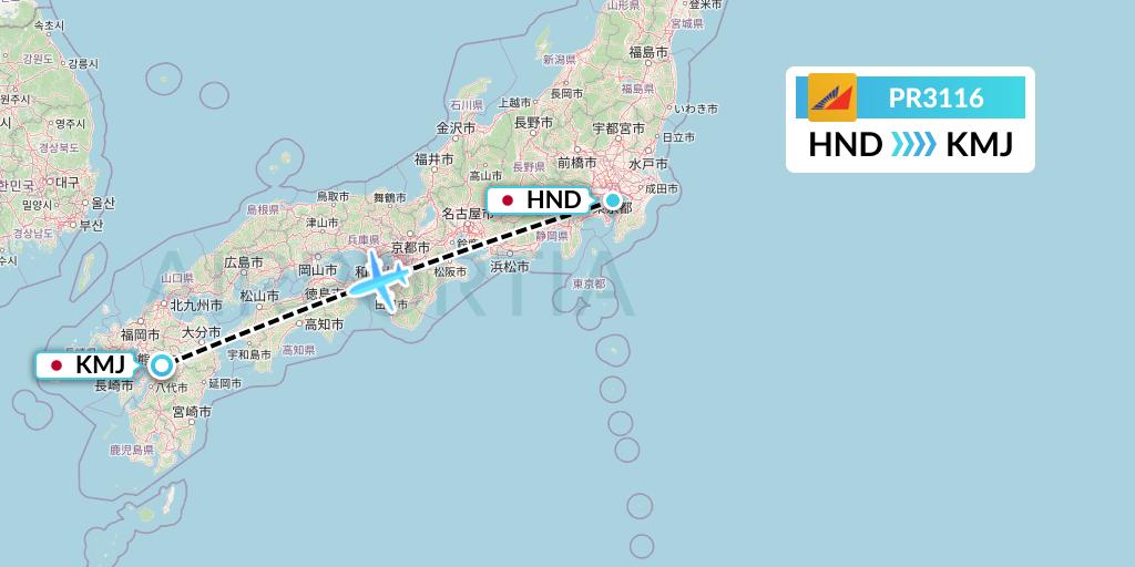 PR3116 Philippine Airlines Flight Map: Tokyo to Kumamoto