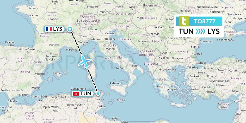TO8777 Transavia France Flight Map: Tunis to Lyon