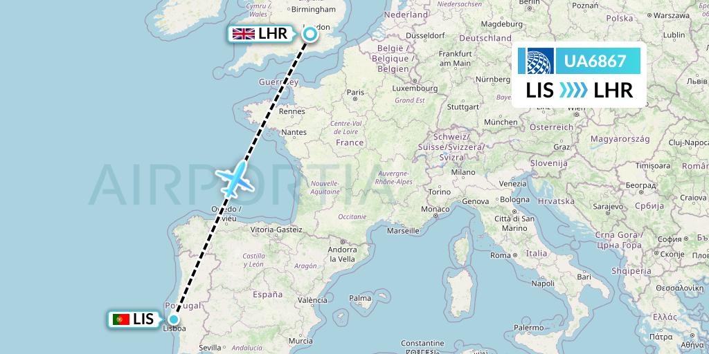 UA6867 United Airlines Flight Map: Lisbon to London
