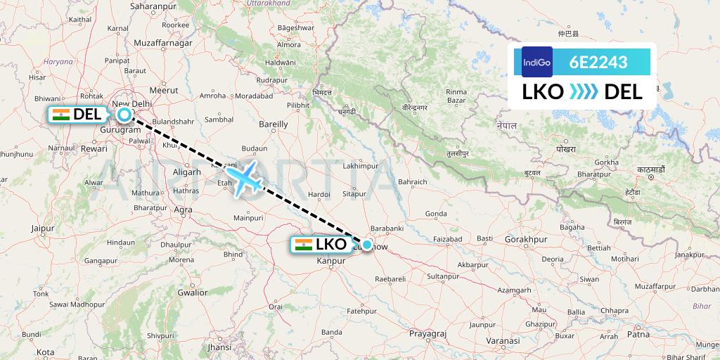 6E2243 IndiGo Airlines Flight Map: Lucknow to Delhi