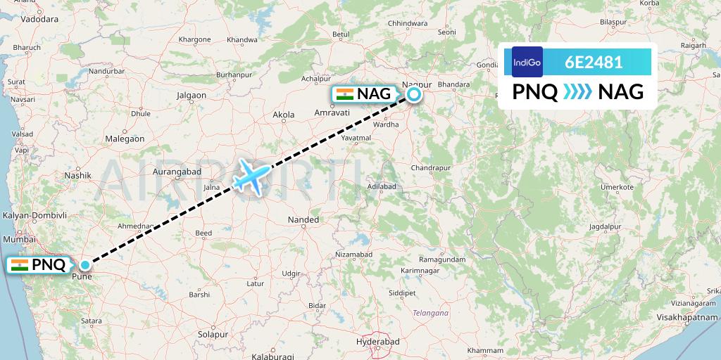 6E2481 IndiGo Airlines Flight Map: Pune to Nagpur