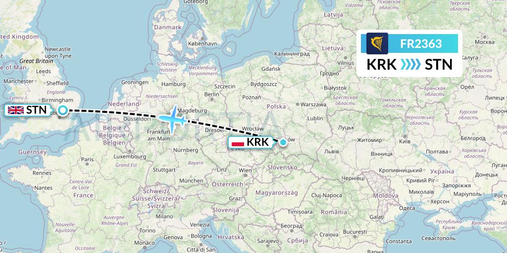 FR2363 Ryanair Flight Map: Krakow to London