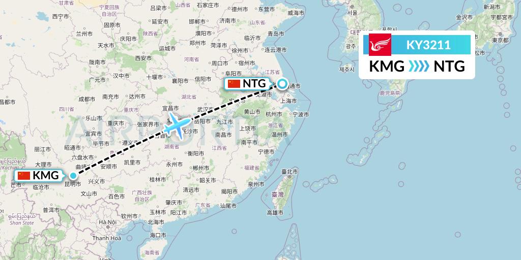 KY3211 Kunming Airlines Flight Map: Kunming to Nantong