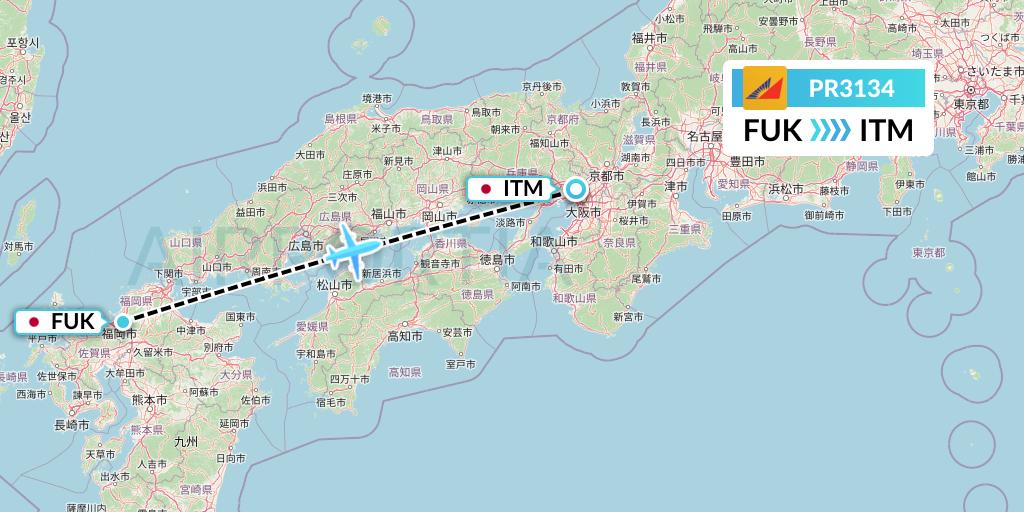 PR3134 Philippine Airlines Flight Map: Fukuoka to Osaka