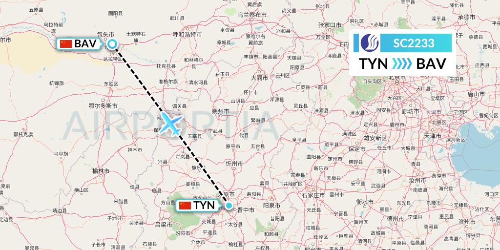 SC2233 Shandong Airlines Flight Map: Taiyuan to Baotou