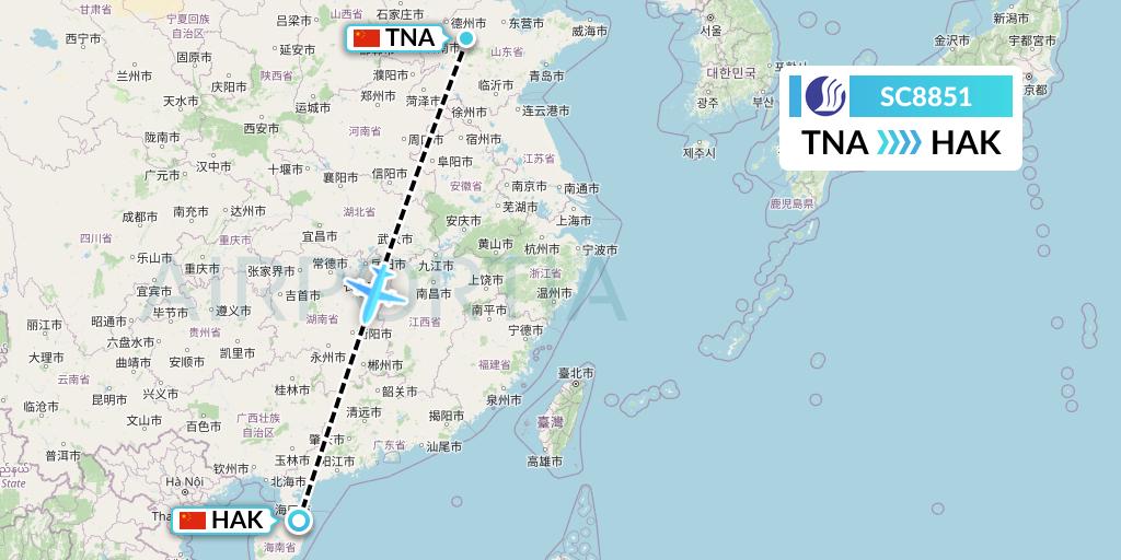 SC8851 Shandong Airlines Flight Map: Jinan to Haikou