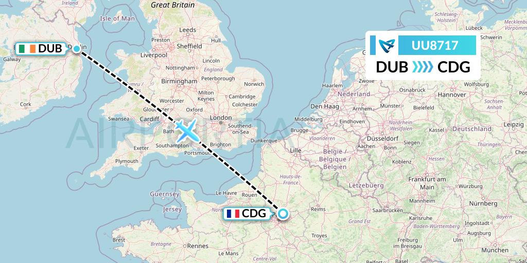 UU8717 Air Austral Flight Map: Dublin to Paris
